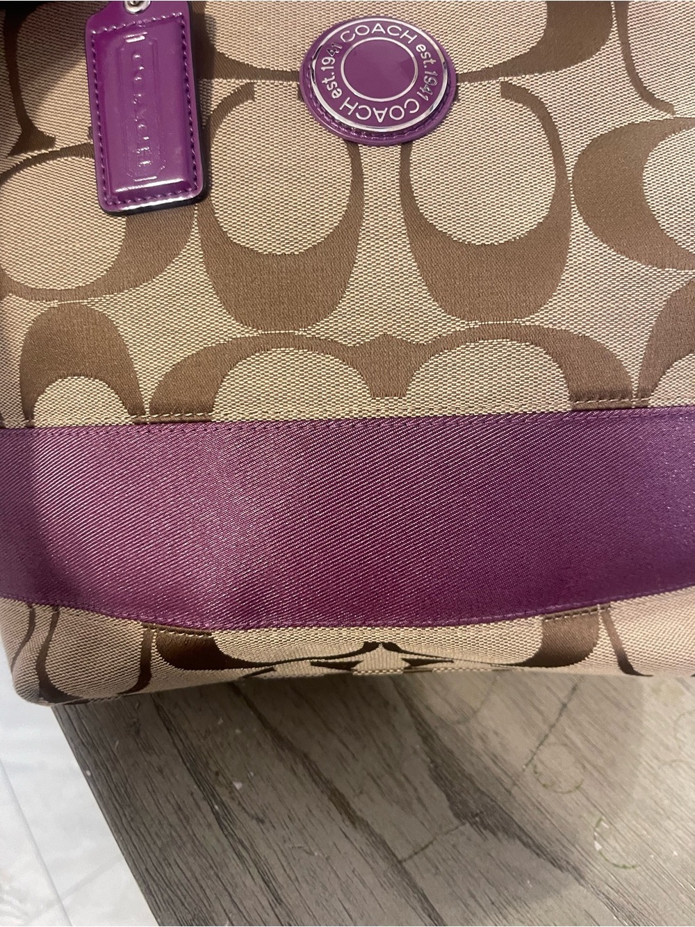 Coach Canvas Tote with Purple Trim and Tan Signature Print - Picture 8 of 9